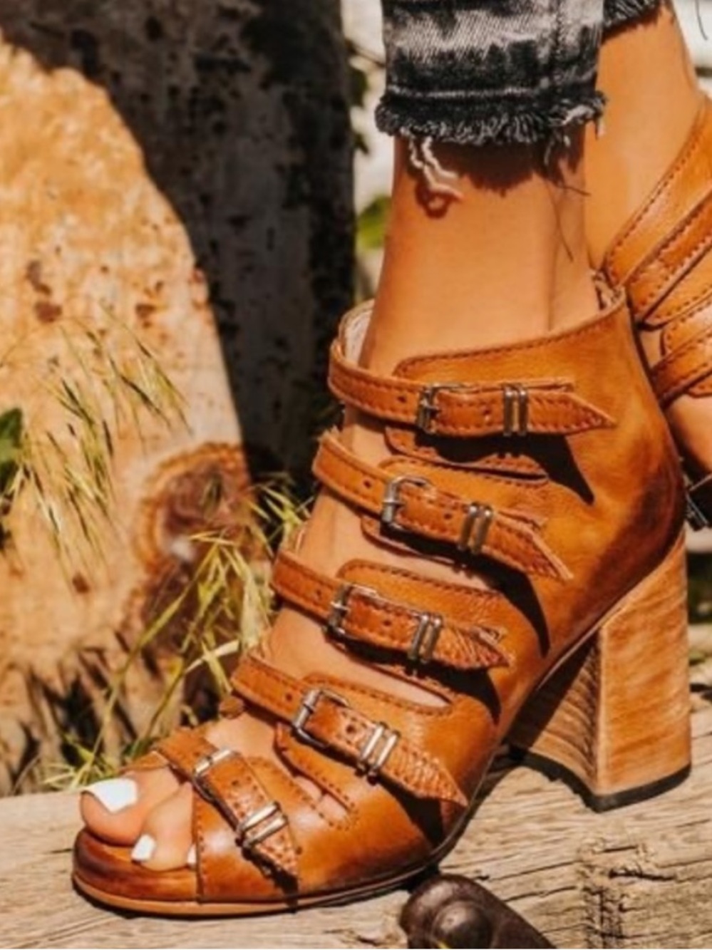 Freebird By Steven Topaz Strappy Brown Gladiator Stacked Heel Boots Women’s 7